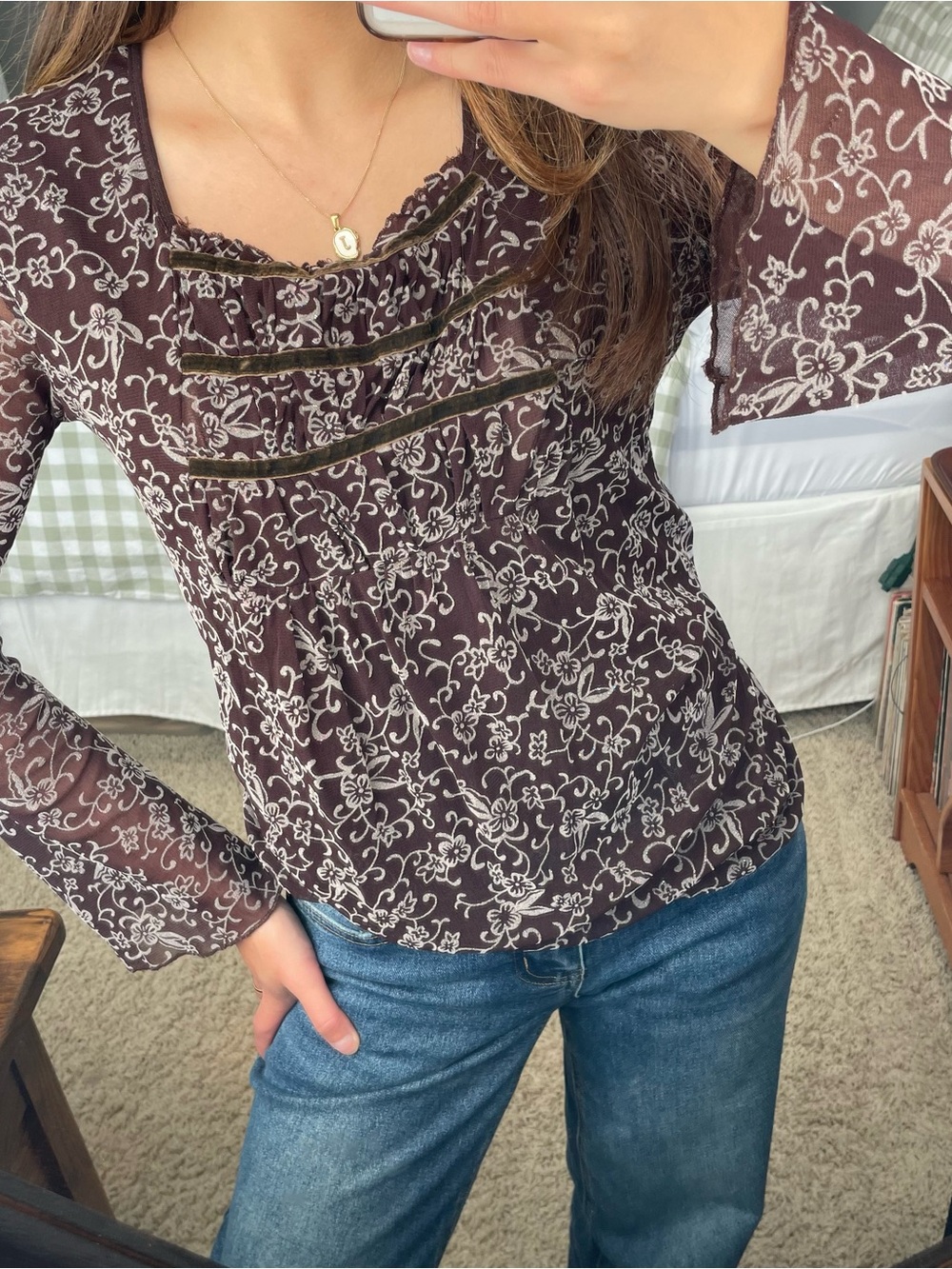 Vintage Fairycore Whimsical Bell Sleeve Brown Blouse